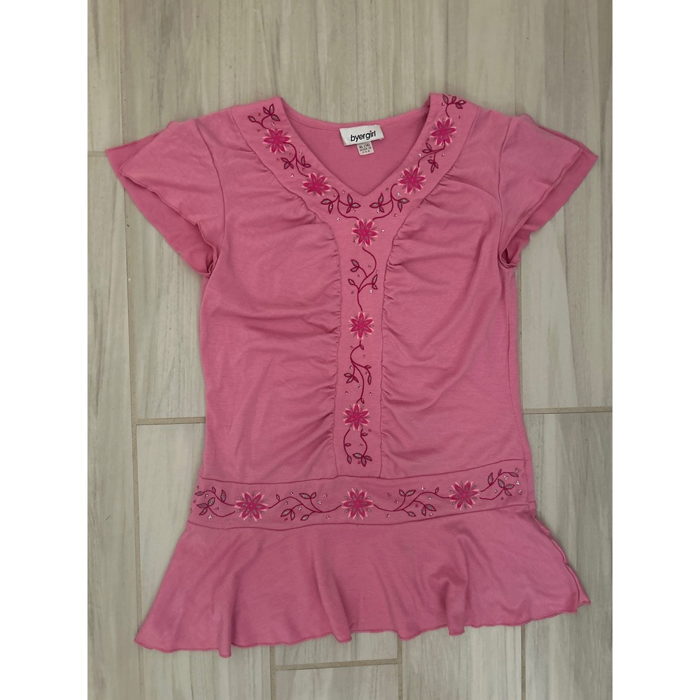 Byergirl Girls Pink Floral Embroidered Flutter Sleeve Peplum Top XL 16 Y2K Style